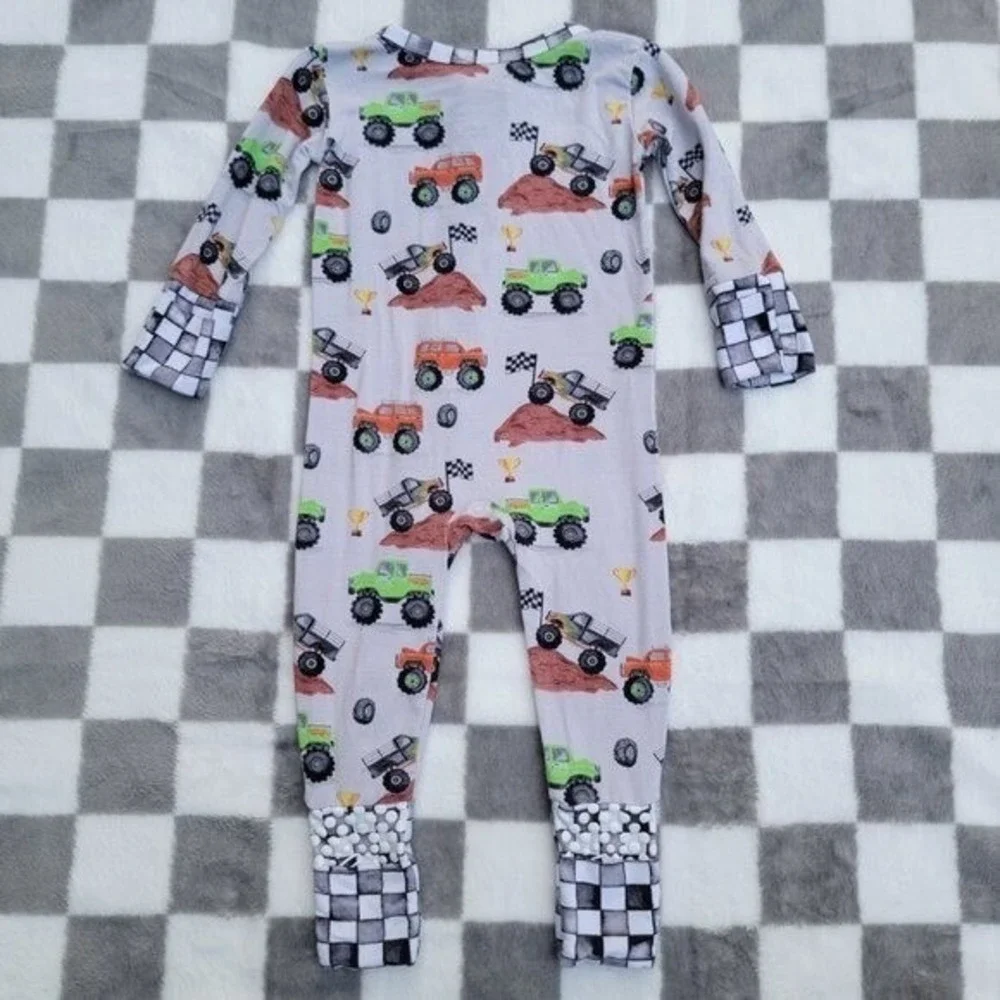 Crew & Company Bamboo Monster Trucks Zip Romper‎ 0-3m Convertible Feet & Hands